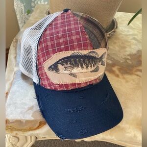 upcycled flannel patchwork graphic Trout trucker ball cap